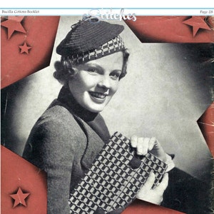 May include: A black and white crocheted handbag with a checkered pattern. The bag is held by a woman wearing a black and white crocheted hat. The image is from a vintage crochet booklet titled "Stitches" and includes the text "An All Star Collection of Hats, Bags, Scarfs, Gloves, Etc."