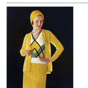 Traje de la década de 1930 Chaqueta tipo cárdigan, blusa, falda acampanada y sombrero - Patrón de punto PDF 2606