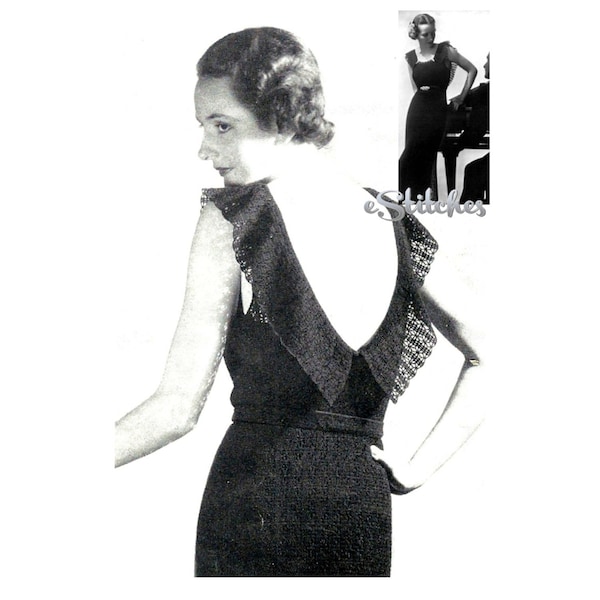 1930s Backless Evening Gown or Wedding Dress Sleeveless - Crochet pattern PDF 3702