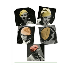 May include: Five vintage photographs of women wearing different styles of knitted hats. The hats are in various colors, including yellow, orange, and brown. The women are all wearing stylish clothing and have their hair styled in a fashionable manner.