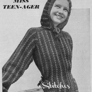 May include: A black and white striped crocheted hooded jacket with a zipper closure. The jacket has a hood with a drawstring and a small tassel on the zipper pull. The text "e.Stitches" is visible on the jacket.