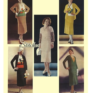 May include: Four women model different knitted dresses and sweaters. The dresses are in various colors, including brown, yellow, white, and green. The sweaters are in brown, yellow, and green. The women are wearing hats and shoes.