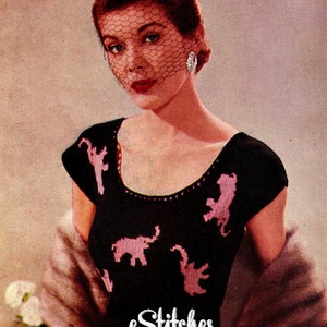 1950s Pink Elephants Scoop Neck Blouse with Short Sleeves Knit pattern PDF 3435 image 1