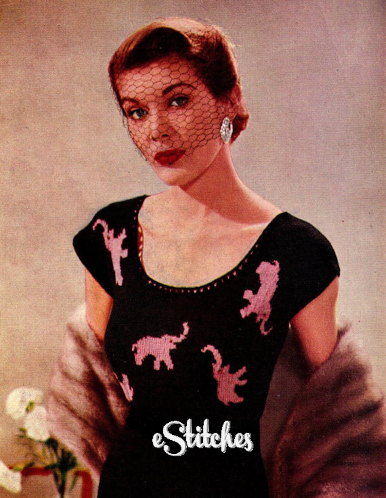 1950s Pink Elephants Scoop Neck Blouse with Short Sleeves Knit pattern PDF 3435 image 1