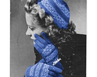 1940s Cap and Gloves with Fair Isle bands - 2 Knit patterns PDF 1229