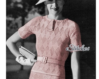 1930s Diamond Pattern Eyelet Mesh Blouse and Skirt - Crochet pattern PDF 1195