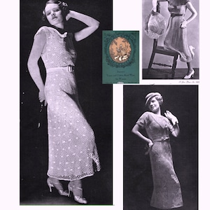 May include: Three women wearing crochet dresses. The dresses are all different styles, but they are all made with a delicate, lacy pattern. The women are all smiling and looking happy. The image is from a vintage magazine and features the text "Columbia Crochet Designs, Linen and Cotton Knit Wear for Women, 2942".