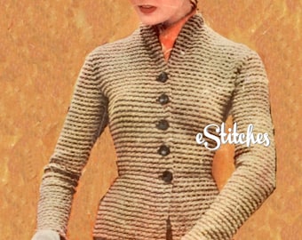 1950s Suit Button Front Sweater Jacket with Skirt  - Knit pattern PDF 7053