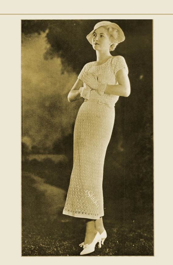 1930s Lace Dress with Matching Gauntlet Gloves - Crochet pattern PDF 1384