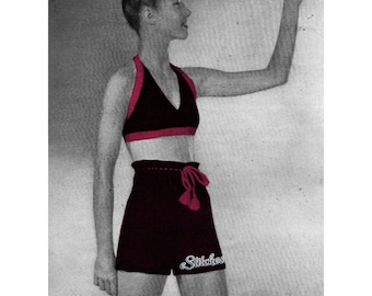 Década de 1940 Halter Neck Midriff Bikini Bra Top y pantalones cortos de cintura alta, traje de baño - Patrón de punto PDF 6457