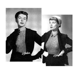 May include: Two women wearing black jackets and knitted tops. The woman on the left is wearing a black hat. The woman on the right is wearing a white hat. Both women are looking to the side. The image has the text "e.Stitches" on the bottom.