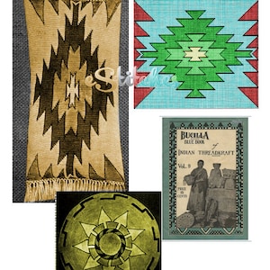 May include: A vintage book cover for "Bucilla Blue Book of Indian Threadcraft" volume 9, featuring a black and white illustration of two women working on a craft project. The cover is blue with a white border and a red and green geometric pattern.