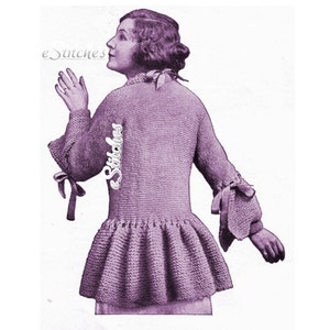 1919 Fluffy Ruffle Sweater with Elbow Puffs, Deep V Neckline from Edwarian Era  - Knit pattern PDF 1918