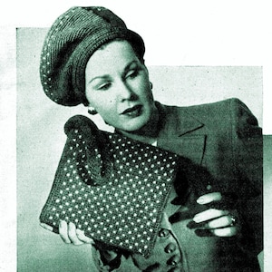 1940s Polka Dot Slouch Beret Hat and Hand Bag - Crochet patterns PDF 8060