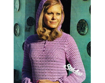 1970s Hooded Tunic or Hoodie Shirt - Crochet pattern PDF 1972