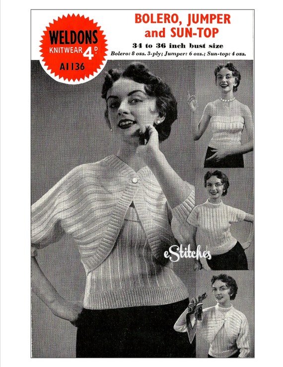 1950s Bolero, Jumper Turtleneck and Sun Top - Knit PDF pattern 1136