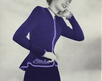 1940s Schößchen Zip Front Bluse Jacke mit Rock Anzug - Strickmuster PDF 1380