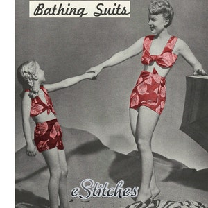 May include: A black and white photo of two people wearing red bathing suits with a floral pattern. The photo is titled "Bathing Suits" and has the text "e Stitches" at the bottom.