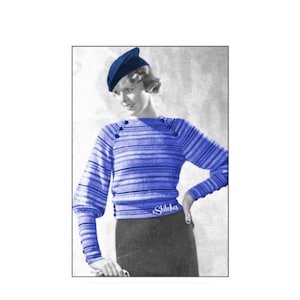 May include: A blue striped sweater with a round neckline and long sleeves. The sweater has buttons on the shoulders and a blue hat.