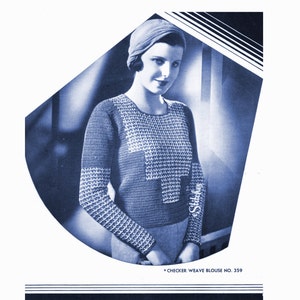 May include: A blue knitted blouse with a checkerboard pattern. The blouse has a round neckline and long sleeves. The model is wearing a blue hat.