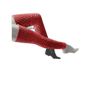 May include: Red knitted leg warmers with a textured pattern. The leg warmers are shown on a model's legs.