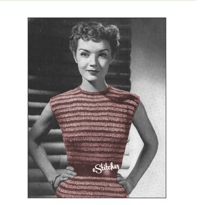 May include: A black and white photo of a woman wearing a striped knitted top with a brown belt. The text "eStitches" is on the belt.