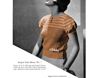 1930s Striped Top with Puff Sleeves and Yoke, Blouse  - Crochet pattern PDF 2907