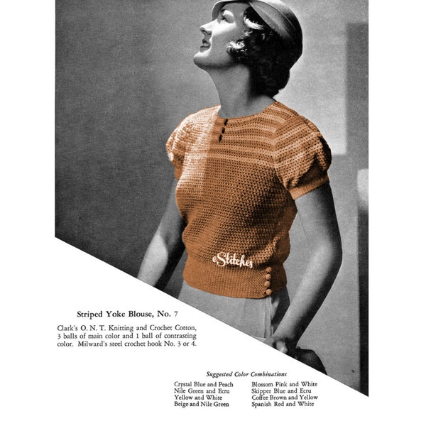 1930s Striped Top with Puff Sleeves and Yoke, Blouse  - Crochet pattern PDF 2907