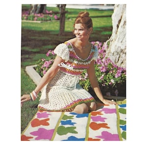1970s Lacy Peasant Dress Openwork, Puff Sleeves - Crochet pattern PDF 7764