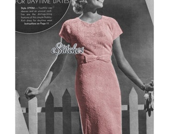 1930s Dress with Cap Sleeves and Bow, Modeled by 1930s movie starlet - Knit pattern PDF 0793