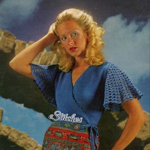 1970s Wrap Front Top with Ties, Bell Sleeves - Knit and Crochet pattern PDF 6689