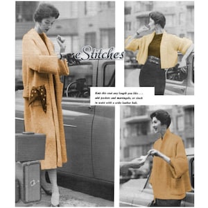 Könnte beinhalten: Ein gestrickter Mantel in hellbrauner Farbe, gezeigt in drei verschiedenen Längen. Der Mantel hat einen Schalkragen und lange Ärmel. Der Text "eStitches" ist auf dem Bild sichtbar. Der Text "Knit this coat any length you like... add pockets and martingale, or cinch in waist with a wide leather belt." ist ebenfalls auf dem Bild sichtbar.