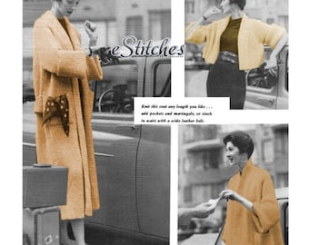 1950 年代のベーシックなあらゆる長さのセーター コート、スウィング カーディガン、またはボレロ セーター - ニット パターン PDF 3289