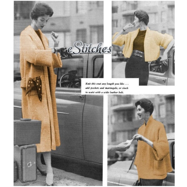 1950s Basic Any Length Sweater Coat, Swing Cardigan or Bolero Sweater - Knit pattern PDF 3289