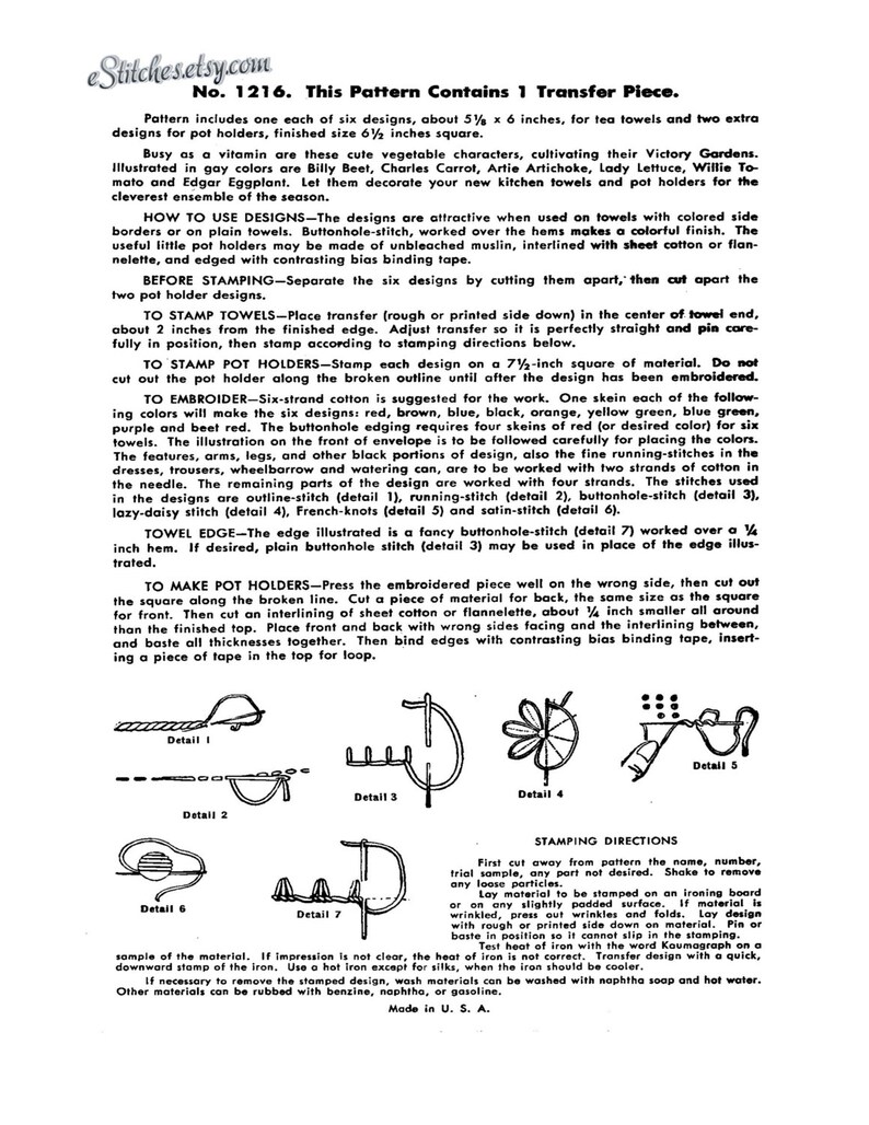 1940s Victory Garden DIY TRANSFERS Vegetable Characters for Tea Towels, Pot Holders and more - 8 PDF Embroidery Transfer patterns 1216 image 4