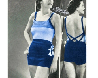 Pode incluir: Um padrão de tricô vintage para um maiô listrado azul e branco com saia de cintura alta. O padrão inclui instruções para a parte superior e inferior do maiô.