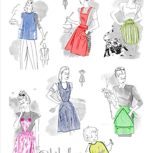 Könnte beinhalten: Ein Vintage-Illustrationsheft mit verschiedenen Schürzen-Designs für Frauen und Kinder. Der Umschlag des Heftes zeigt den Text "Aprons & Bibs Booklet" und das Wort "Stitches" in einer stilisierten Schriftart. Die Illustrationen zeigen Frauen, die verschiedene Schürzen-Stile tragen, darunter eine blaue Schürze mit Taschen, eine rote Schürze mit einem gerafften Rock, eine grüne Schürze mit einer dreieckigen Form und eine Schürze mit Blumendruck. Das Heft enthält auch eine Illustration eines Kindes, das eine gelbe Lätzchen mit einem Halbmond-Design trägt.