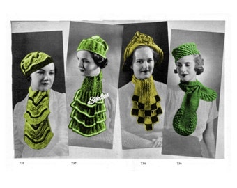 1930s Hat and Scarf Set of 4  - 8 Knit pattern PDF 7365