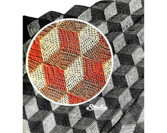1930s Afghan Spinning Wheel Cube, Tumbling Blocks or Illusion Quilt - Crochet pattern PDF 4603