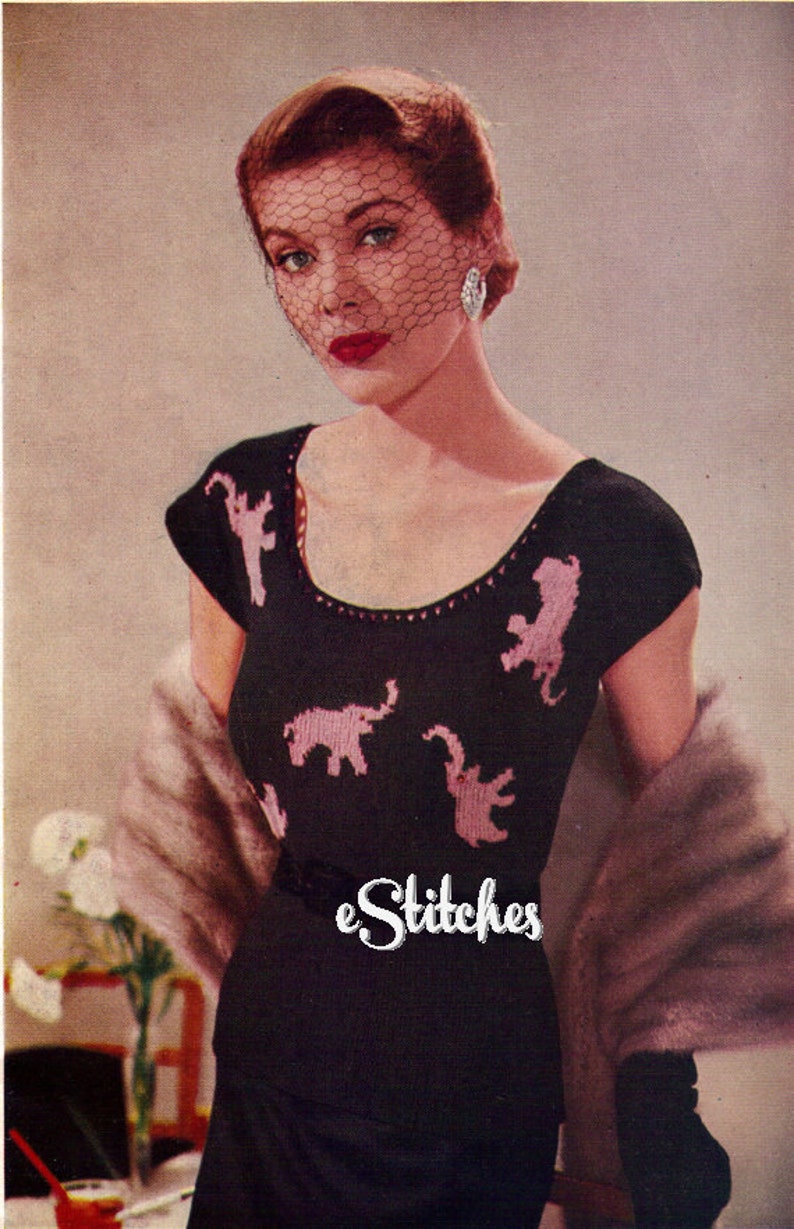 1950s Pink Elephants Scoop Neck Blouse with Short Sleeves Knit pattern PDF 3435 image 3