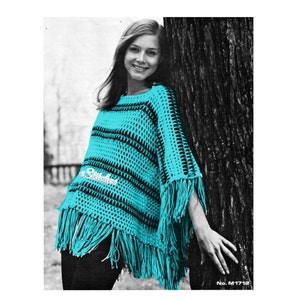 1970s Crocheted Striped Lacy Poncho with Fringe Crochet pattern PDF 1712 image 1