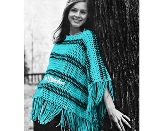 1970s Crocheted Striped Lacy Poncho with Fringe  - Crochet pattern PDF 1712