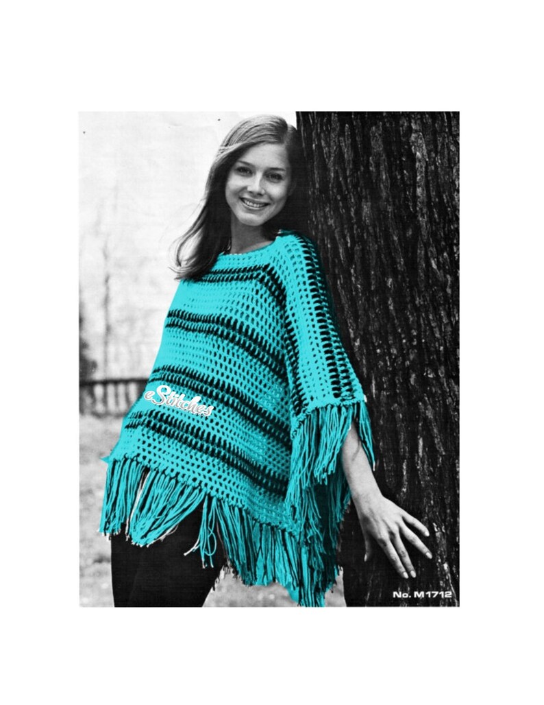 1970s Crocheted Striped Lacy Poncho with Fringe Crochet pattern PDF 1712 image 1