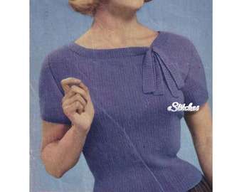 1950s Fitted Sweater Blouse with Neck Tie - Knit pattern PDF 0559