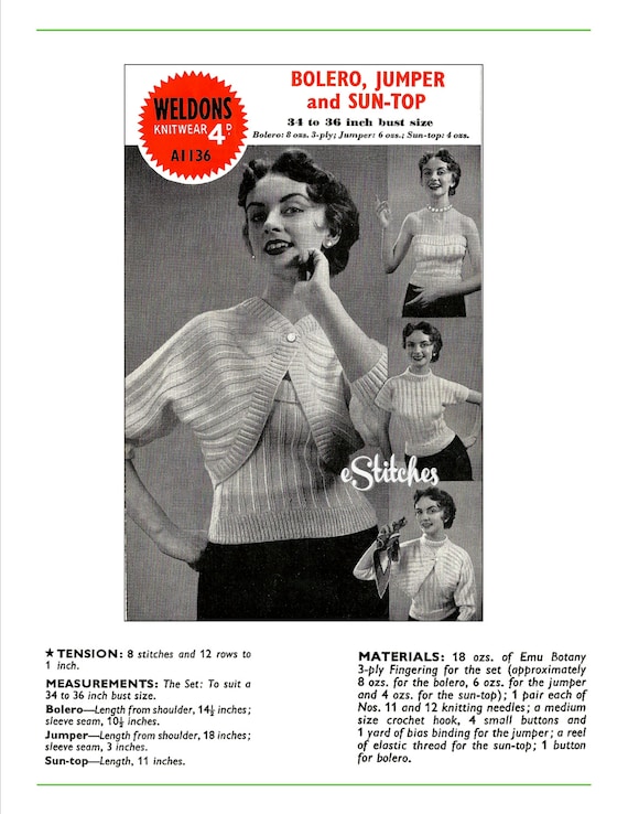 Buy 1950s Bolero, Jumper Turtleneck and Sun Top Knit PDF Pattern