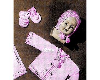 5 Piece Lacy Edge Infant Set-Bonnet Hat, Saque, Mittens, Booties and Blanket -  5 Knit Patterns PDF 6709
