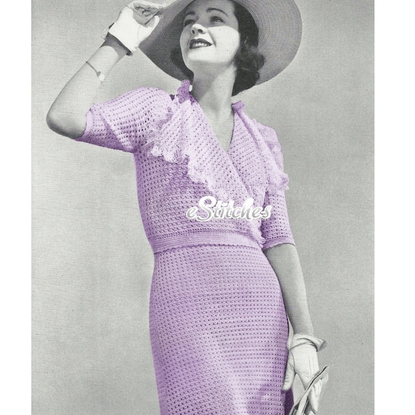 1930s Dressy Frock with Ruffle V Neck Collar, 2 Piece Dress - Crochet pattern PDF 1095