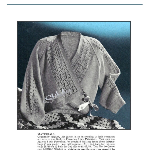 Vintage Cross Over Bedjacket or Sweater with Lace Accents - Knit pattern PDF 1496