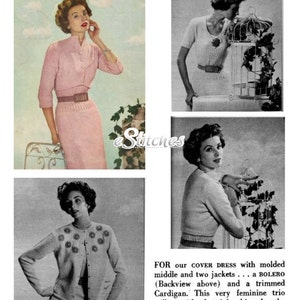 1950s Dress with Molded Middle, Short Sleeves, Scoop Neckline plus Bolero Shrug and Cardigan - Knit pattern PDF 1222