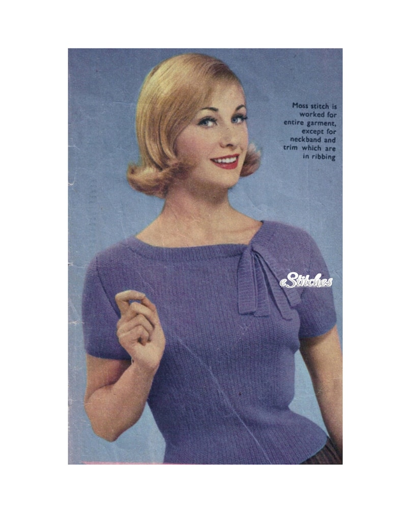 1950s Fitted Sweater Blouse With Neck Tie Knit Pattern PDF - Etsy